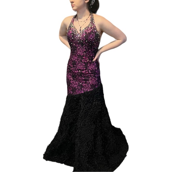 Johnathan Kayne Purple Black Lace Halter Goth Prom Wedding Dress Gown 2 edgy - Picture 5 of 15